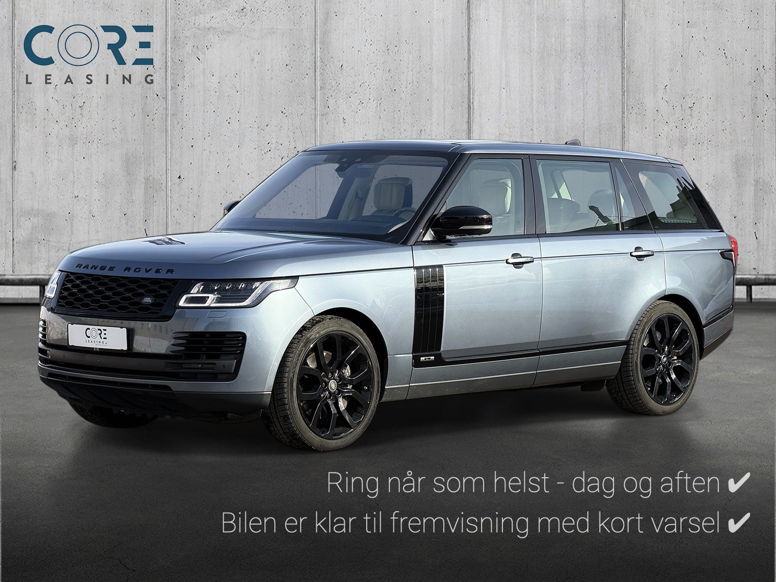 Blåmetal Land Rover Range Rover P525 Autobiography aut. LWB fra 2018 parkeret foran en betonmur. CORE Leasing A/S er eksperter i Land Rover leasing.
