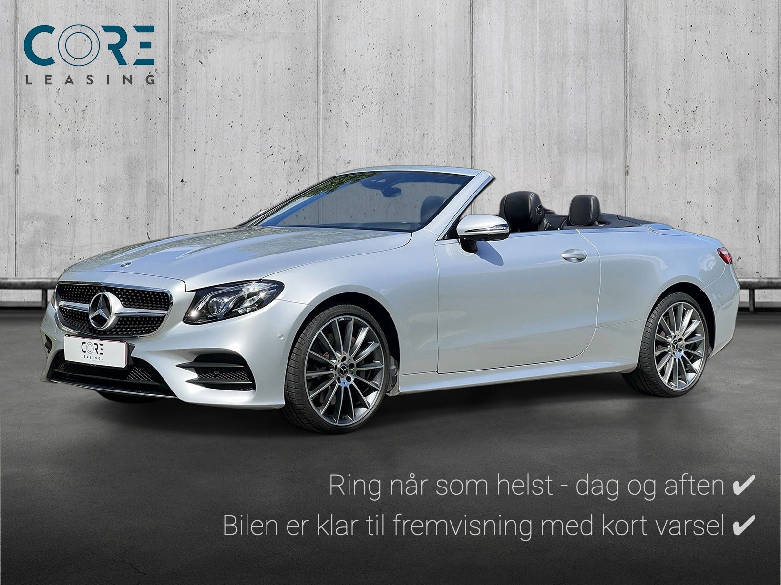 Sølvmetal Mercedes E400 AMG Line Cabriolet aut. 4Matic fra 2017 parkeret foran en betonmur. CORE Leasing A/S er eksperter i Mercedes leasing.