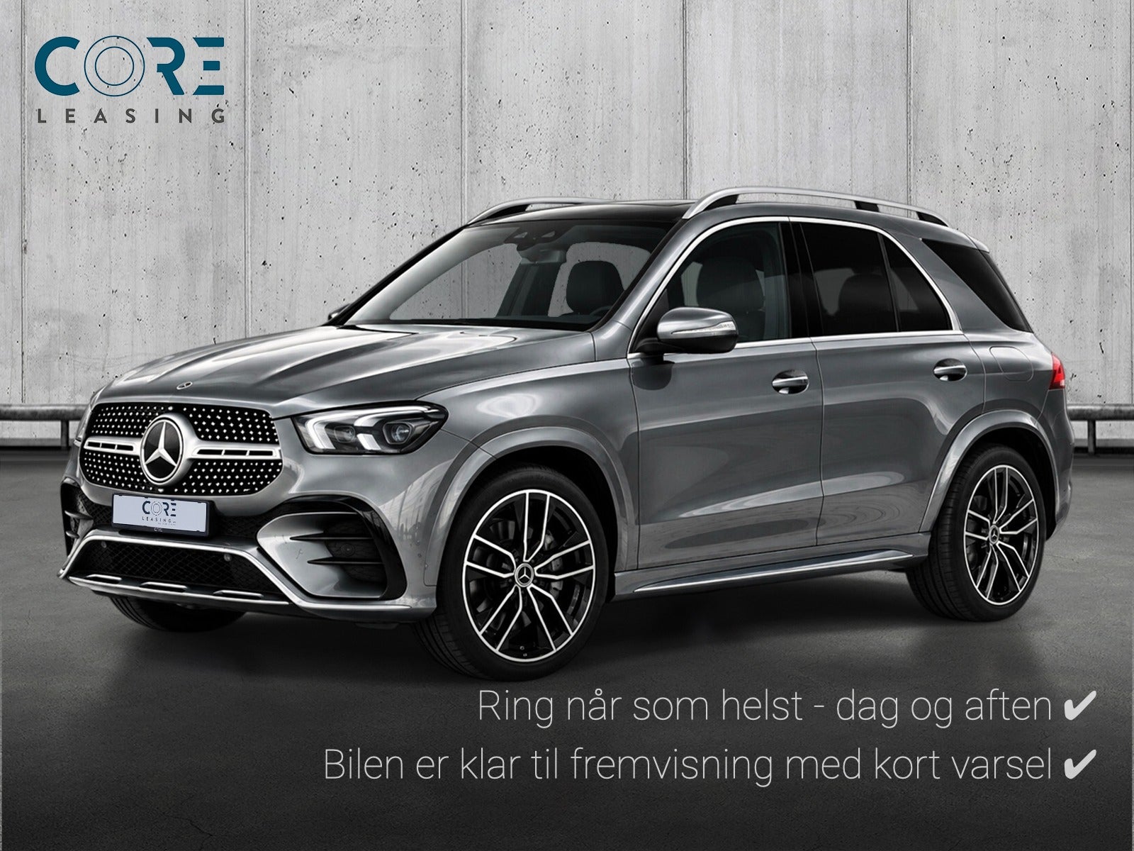 Gråmetal Mercedes GLE350 de AMG Line aut. 4Matic fra 2024 parkeret foran en betonmur. CORE Leasing A/S er eksperter i Mercedes leasing.