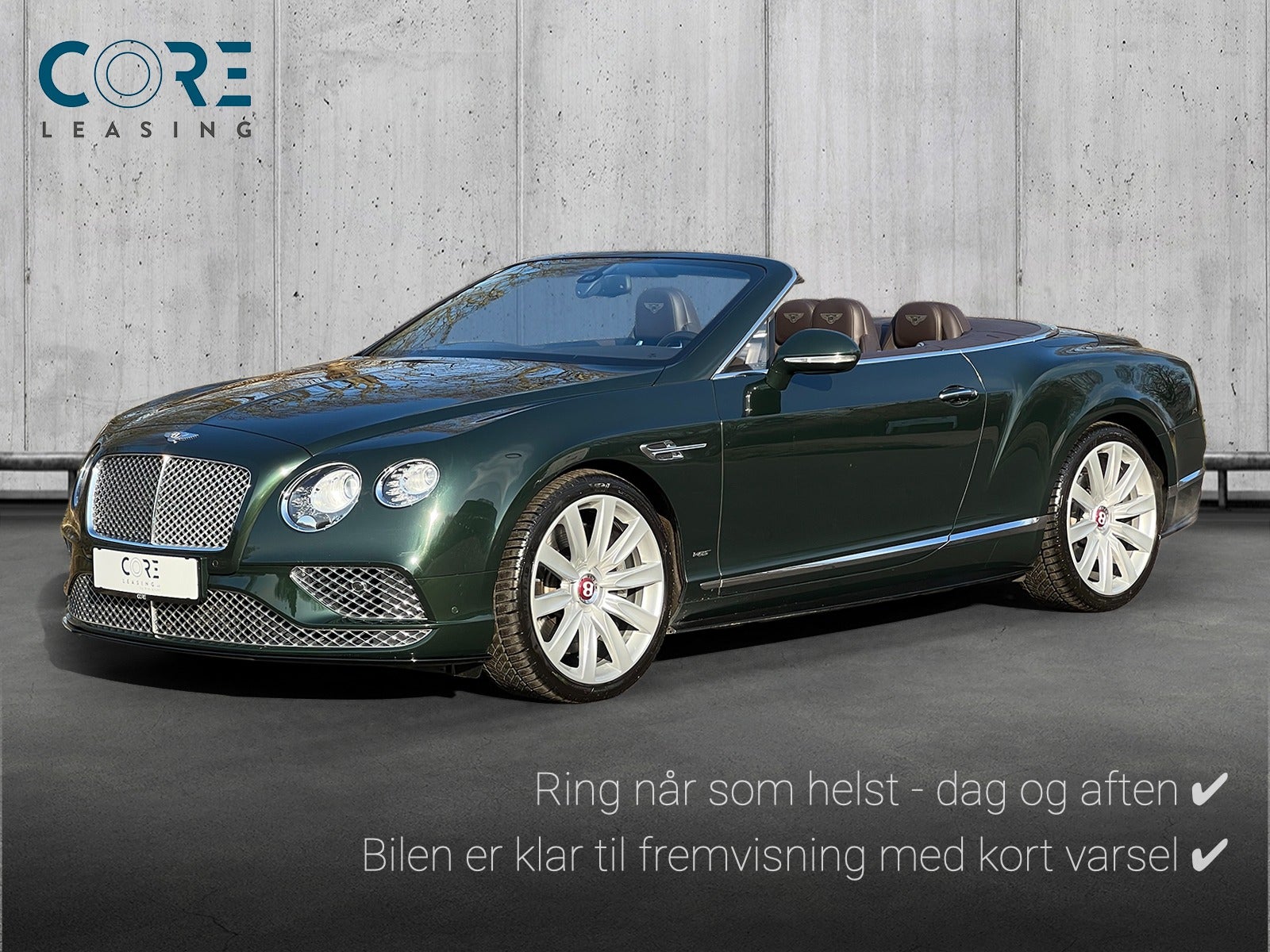 Grønmetal Bentley Continental GTC V8 S aut. fra 2016 parkeret foran en betonmur. CORE Leasing A/S er eksperter i Bentley leasing.