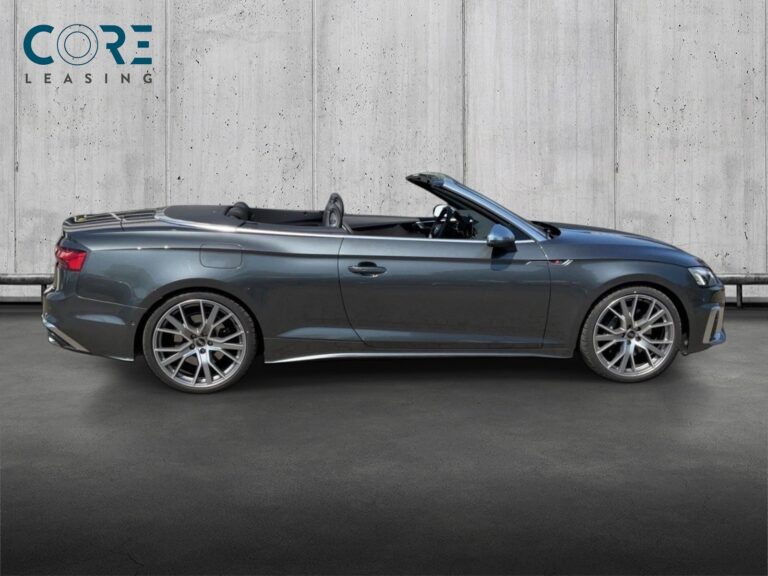Blåmetal Audi S5 TFSi Cabriolet quattro Tiptr. fra 2023 parkeret foran en betonmur. CORE Leasing A/S er eksperter i Audi leasing.
