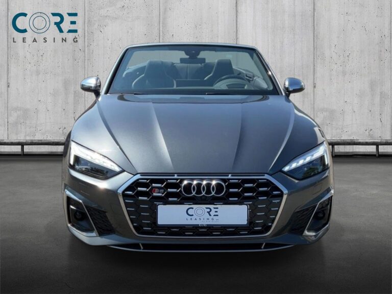 Blåmetal Audi S5 TFSi Cabriolet quattro Tiptr. fra 2023 parkeret foran en betonmur. CORE Leasing A/S er eksperter i Audi leasing.