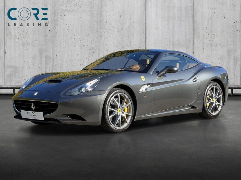 Gråmetal Ferrari California 30 F1 fra 2012 parkeret foran en betonmur. CORE Leasing A/S er eksperter i Ferrari leasing.
