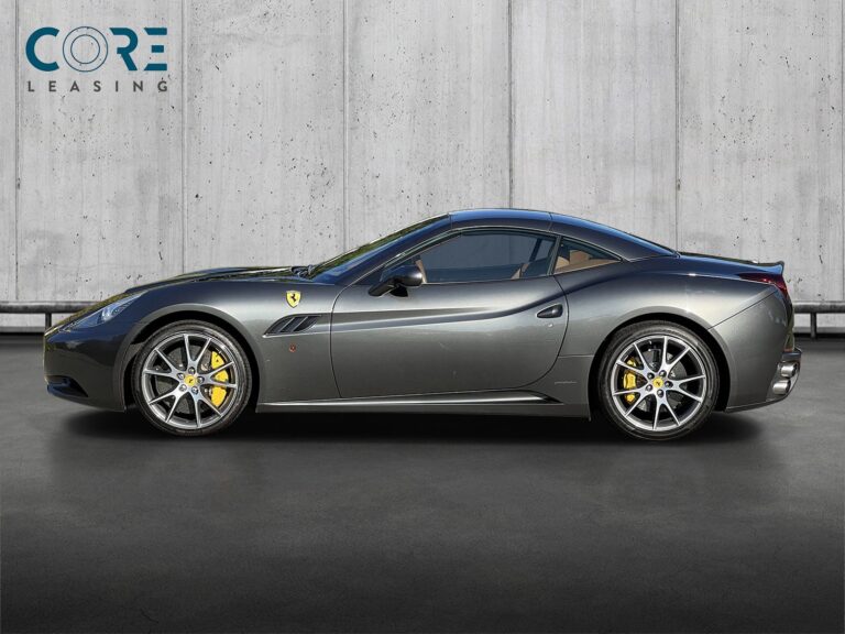 Gråmetal Ferrari California 30 F1 fra 2012 parkeret foran en betonmur. CORE Leasing A/S er eksperter i Ferrari leasing.