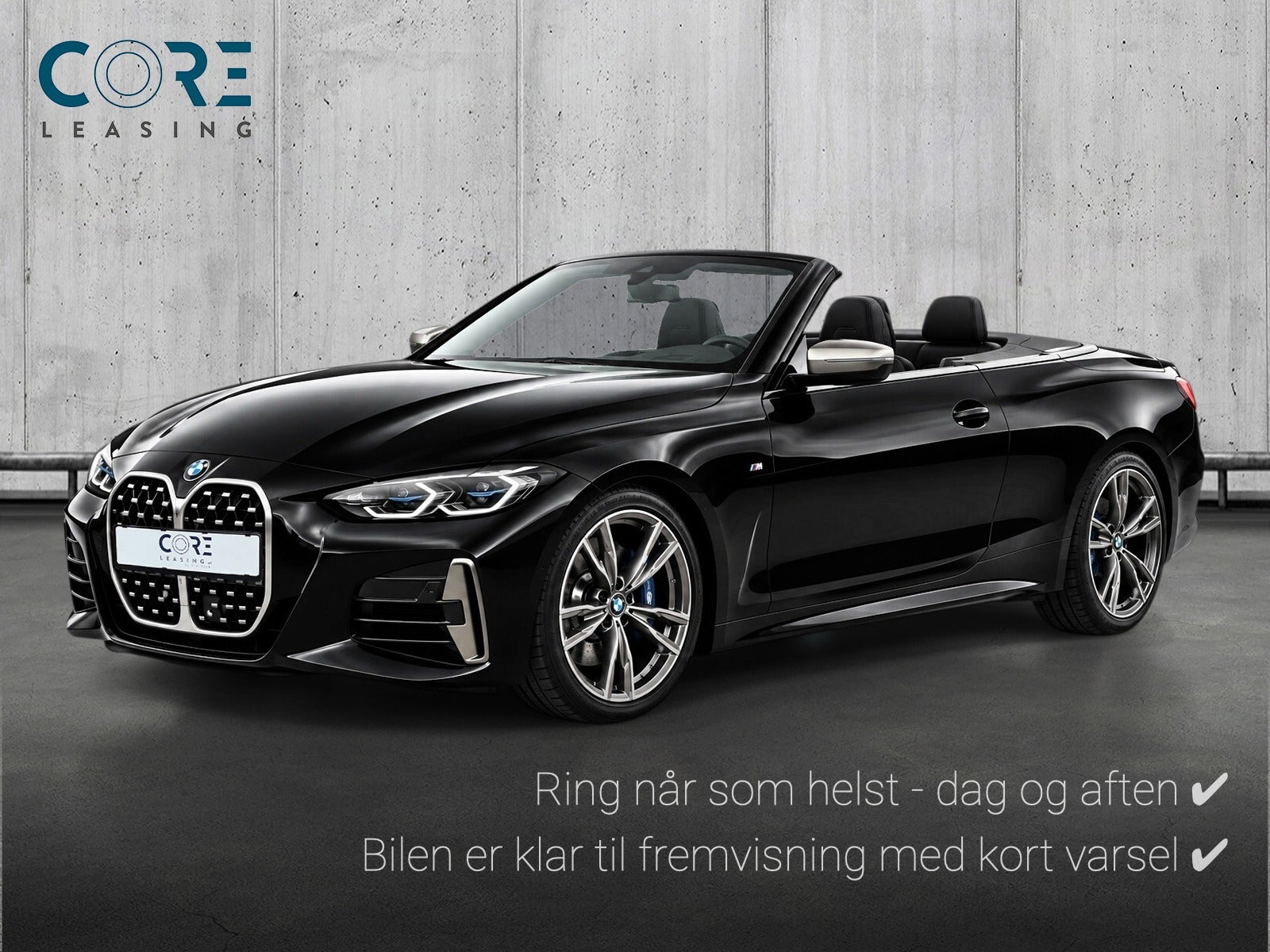 Sortmetal BMW M440i Cabriolet xDrive aut. fra 2021 parkeret foran en betonmur. CORE Leasing A/S er eksperter i BMW leasing.