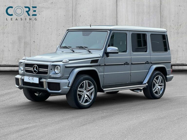 Gråmetal Mercedes G63 AMG aut. fra 2018 parkeret foran en betonmur. CORE Leasing A/S er eksperter i Mercedes leasing.