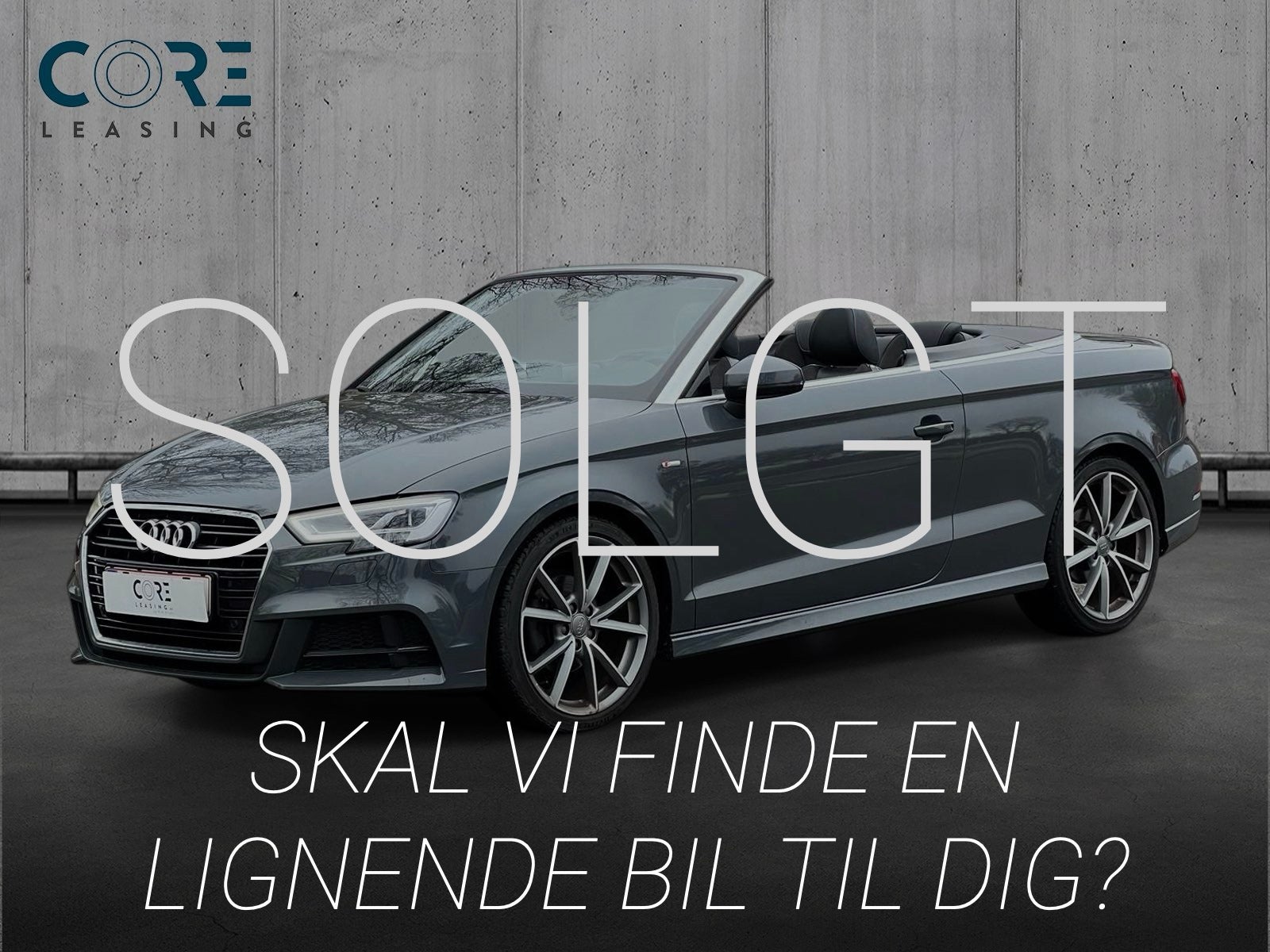 Gråmetal Audi A3 TFSi 150 S-line Cabriolet S-tr. fra 2018 parkeret foran en betonmur. CORE Leasing A/S er eksperter i Audi leasing.