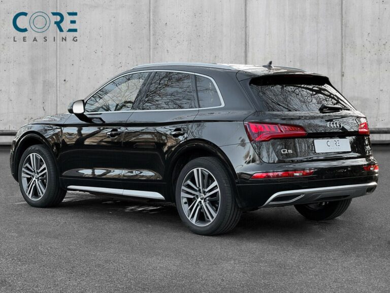 Sortmetal Audi Q5 TDi 190 S-line quattro S-tr. fra 2017 parkeret foran en betonmur. CORE Leasing A/S er eksperter i Audi leasing.