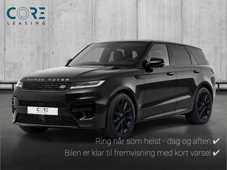Sortmetal Land Rover Range Rover Sport P460e Dynamic HSE aut. fra 2024 parkeret foran en betonmur. CORE Leasing A/S er eksperter i Land Rover leasing.