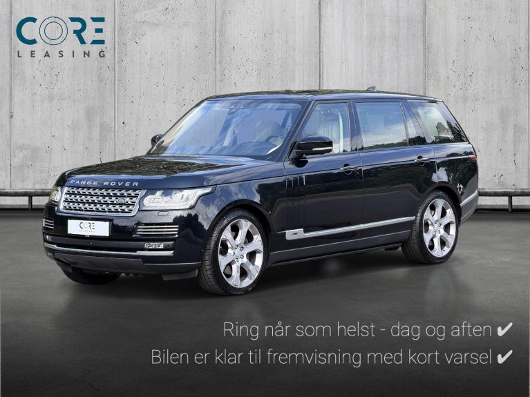 Sortmetal Land Rover Range Rover SCV8 Autobiography aut. LWB fra 2017 parkeret foran en betonmur. CORE Leasing A/S er eksperter i Land Rover leasing.