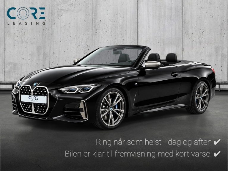 Sortmetal BMW M440i Cabriolet xDrive aut. fra 2021 parkeret foran en betonmur. CORE Leasing A/S er eksperter i BMW leasing.