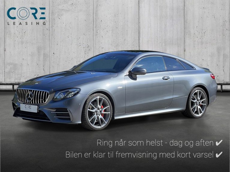 Gråmetal Mercedes E53 AMG Coupé aut. 4Matic+ fra 2018 parkeret foran en betonmur. CORE Leasing A/S er eksperter i Mercedes leasing.