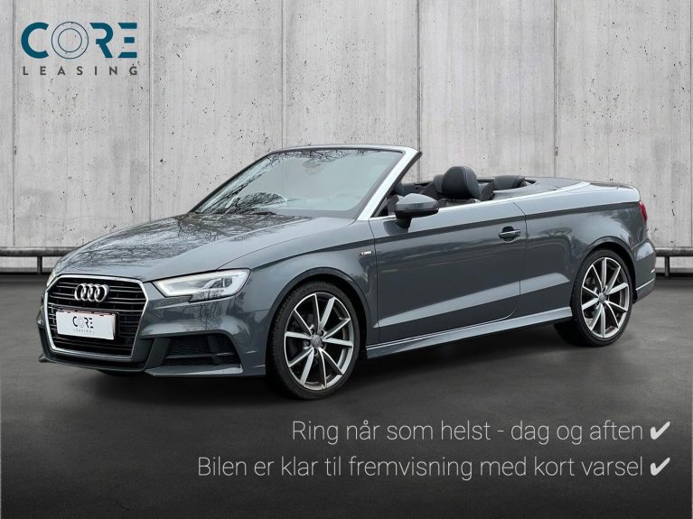 Gråmetal Audi A3 TFSi 150 S-line Cabriolet S-tr. fra 2018 parkeret foran en betonmur. CORE Leasing A/S er eksperter i Audi leasing.