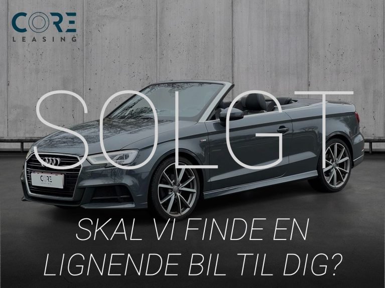 Gråmetal Audi A3 TFSi 150 S-line Cabriolet S-tr. fra 2018 parkeret foran en betonmur. CORE Leasing A/S er eksperter i Audi leasing.